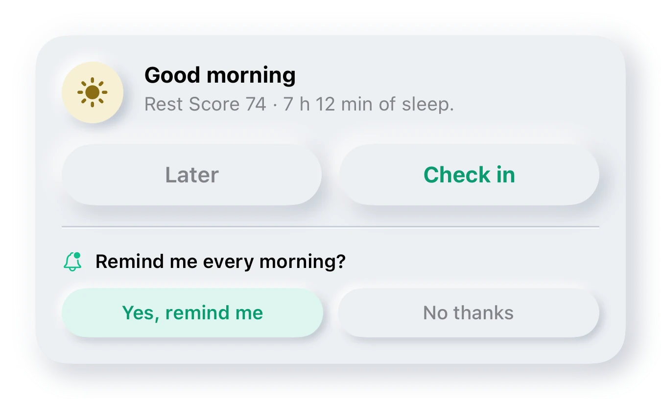 Morning check-in card in StressCheck with Later and Check in buttons and an optional reminder
